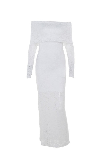 Long Sleeves White Lace Crepe Mermaid Dress