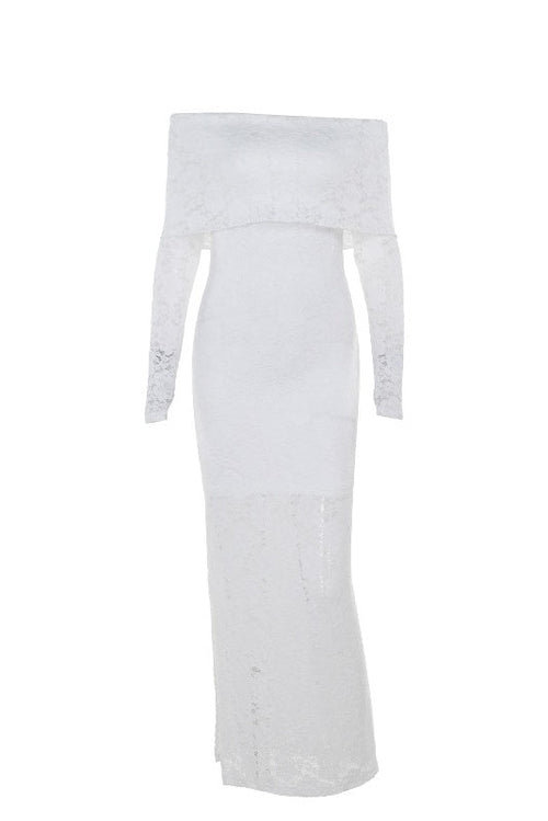 Long Sleeves White Lace Crepe Mermaid Dress
