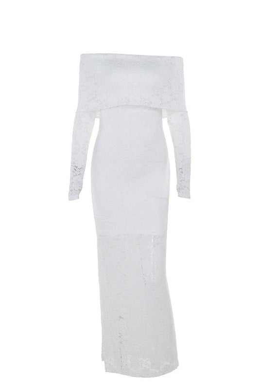 Long Sleeves White Lace Crepe Mermaid Dress