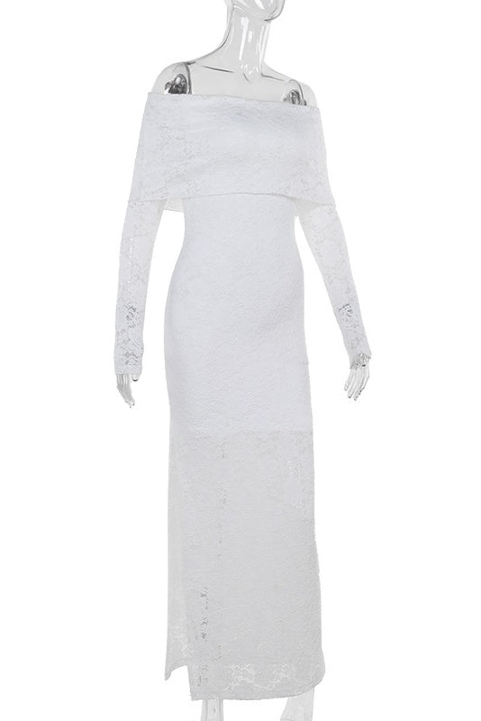 Long Sleeves White Lace Crepe Mermaid Dress