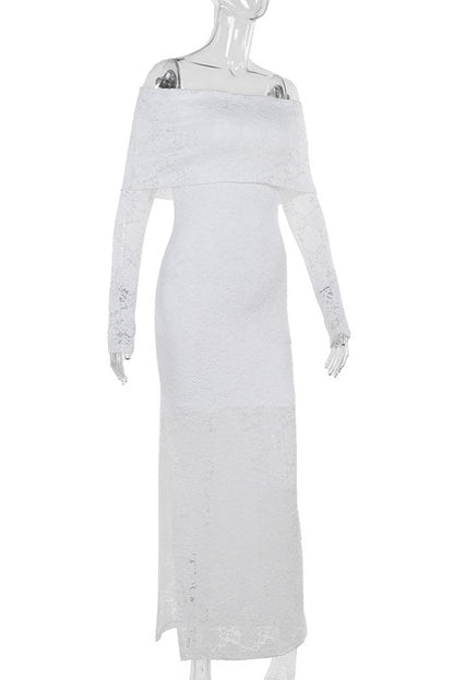 Long Sleeves White Lace Crepe Mermaid Dress