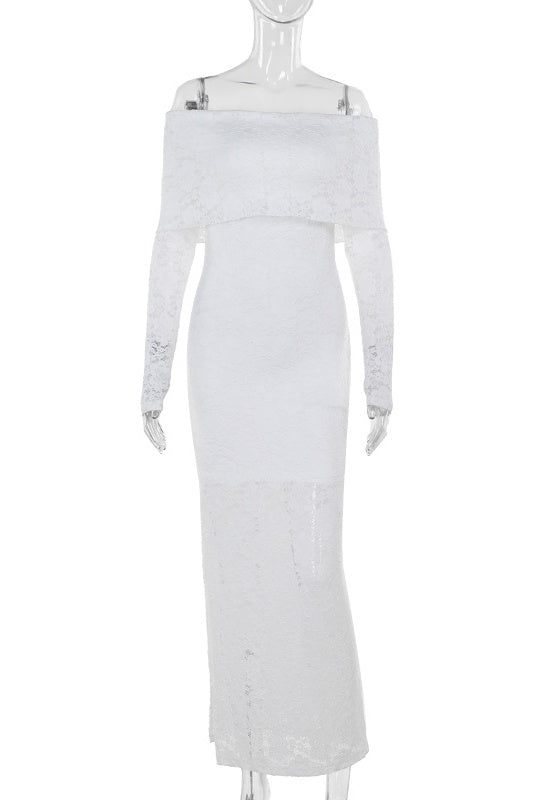 Long Sleeves White Lace Crepe Mermaid Dress