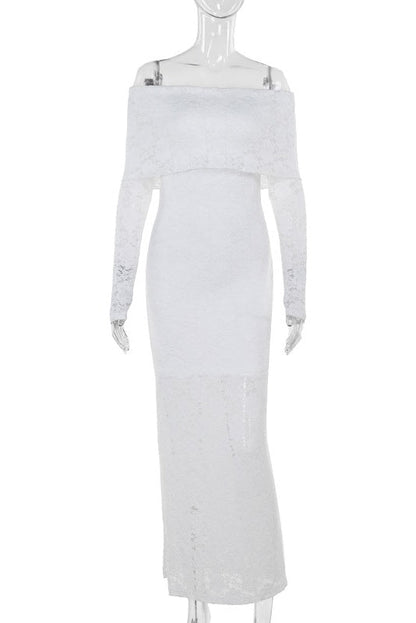 Long Sleeves White Lace Crepe Mermaid Dress
