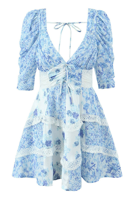 Blue Floral Lace Summer Lace-up Short Skirt