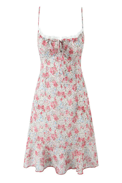 Pink Floral Spaghetti Strap Bow Long Dress