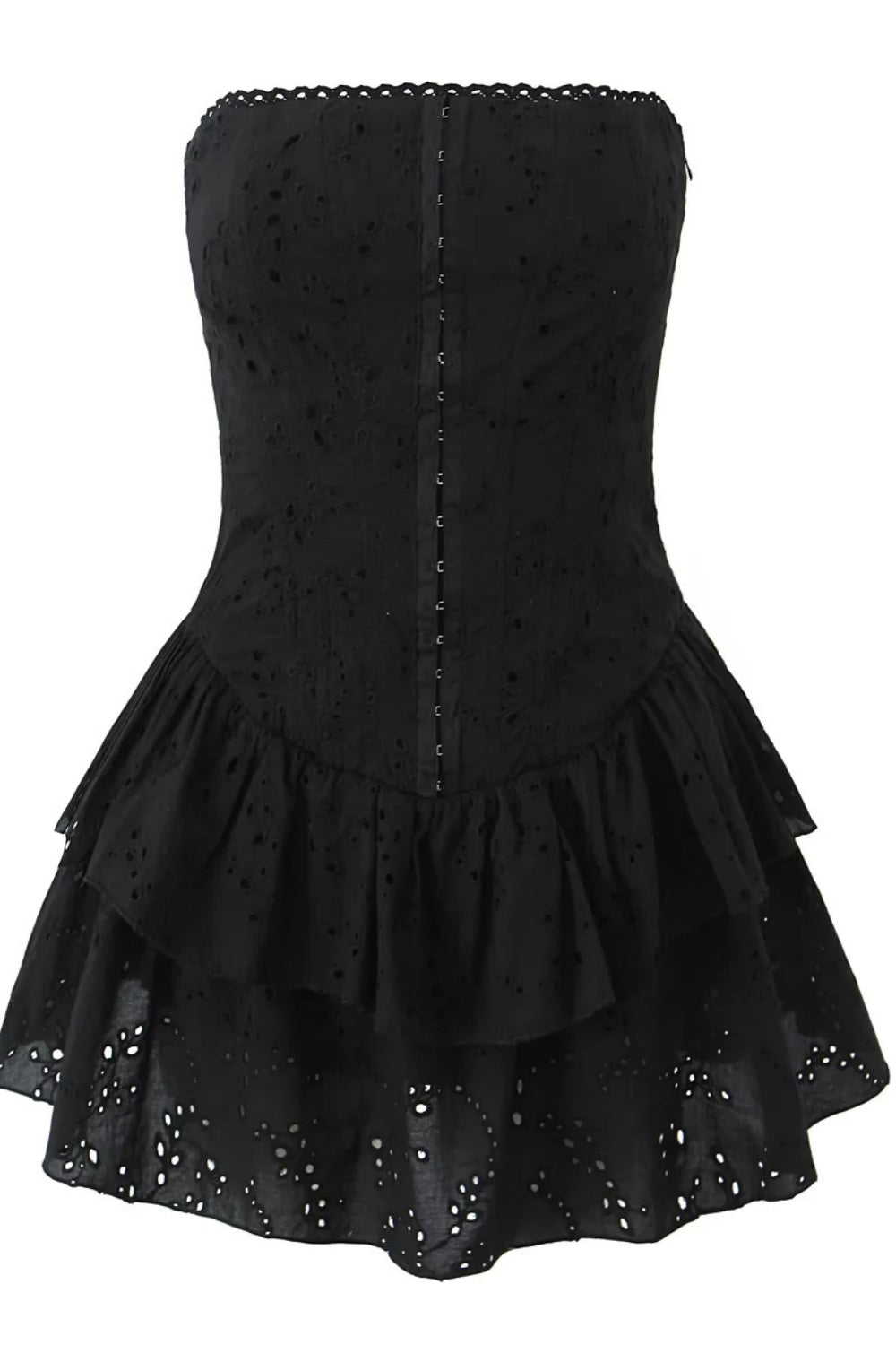 Black Strapless Lace Ruffle Short Dress
