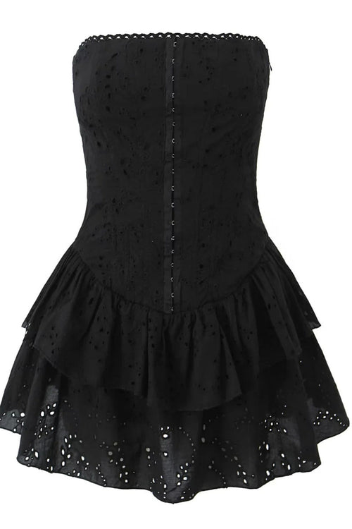 Black Strapless Lace Ruffle Short Dress