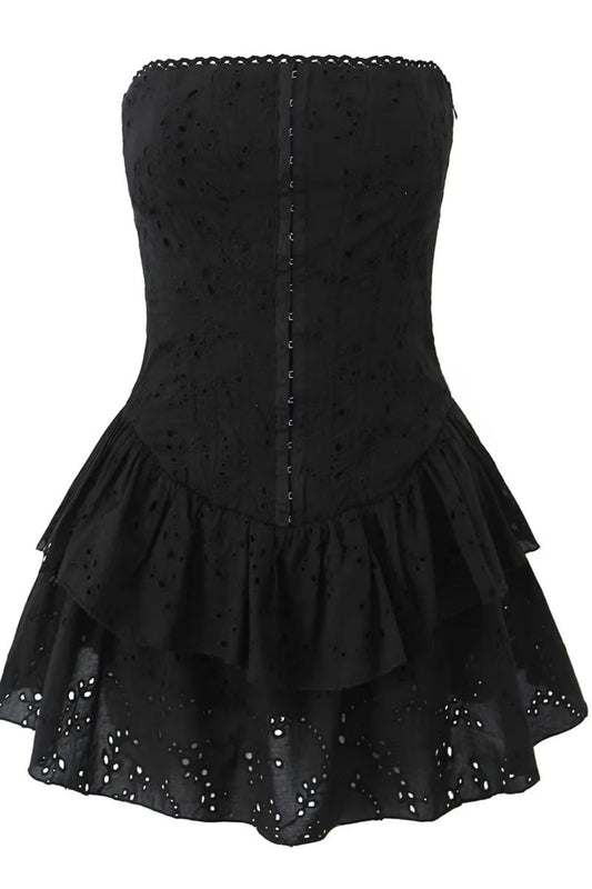 Black Strapless Lace Ruffle Short Dress
