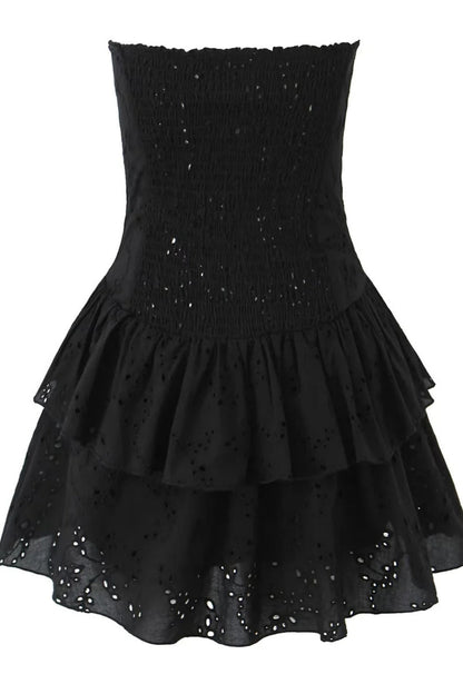 Black Strapless Lace Ruffle Short Dress