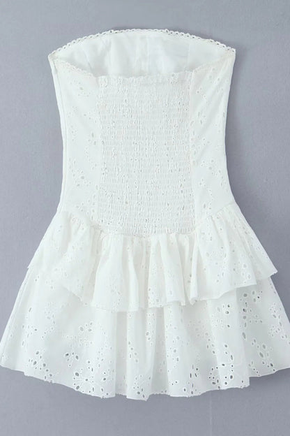 Black Strapless Lace Ruffle Short Dress