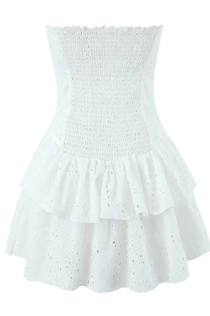 Black Strapless Lace Ruffle Short Dress