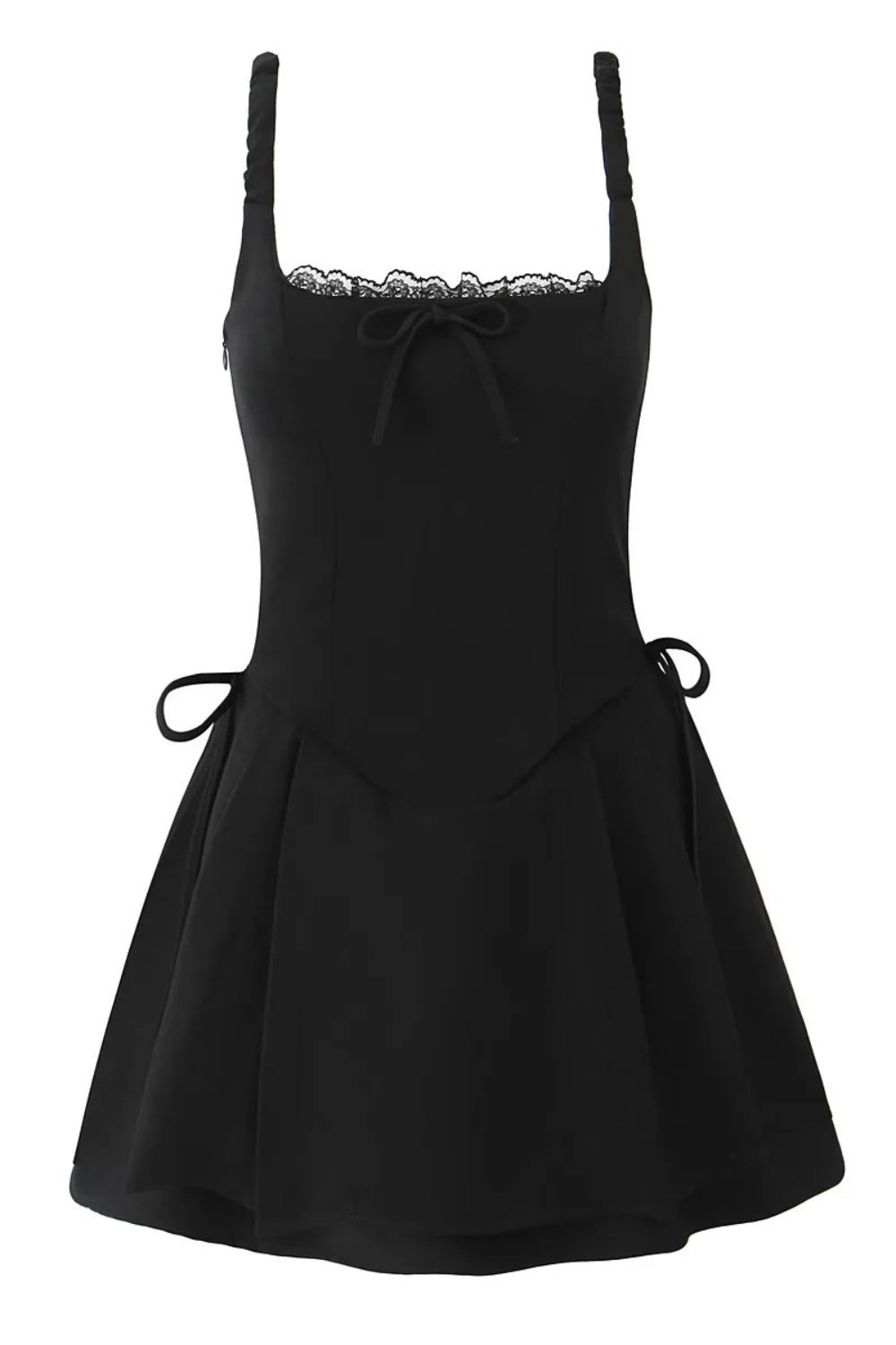 Black Square Lace Neck  Bow Short Dress