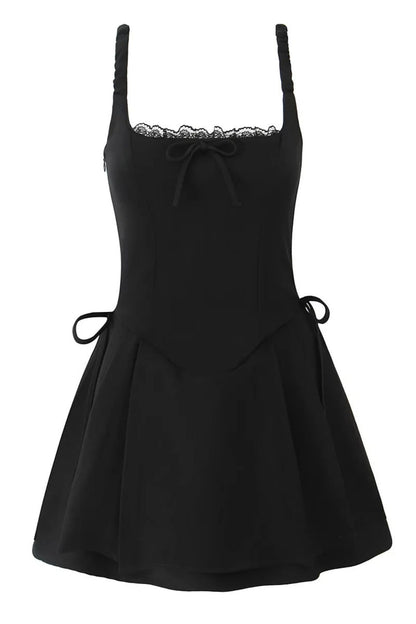 Black Square Lace Neck  Bow Short Dress
