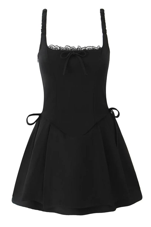 Black Square Lace Neck  Bow Short Dress