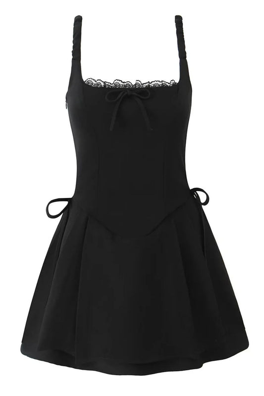 Black Square Lace Neck  Bow Short Dress