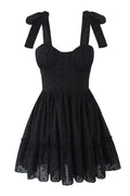 Black Straps Illusion Ruched Lase-up Short Dress