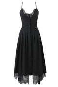 Black Straps Lace Stripe Button Long Party Dress