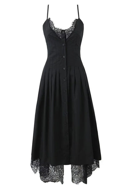 Black Straps Lace Stripe Button Long Party Dress