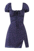 Blue Floral Cap Sleeve Bow Long Dress