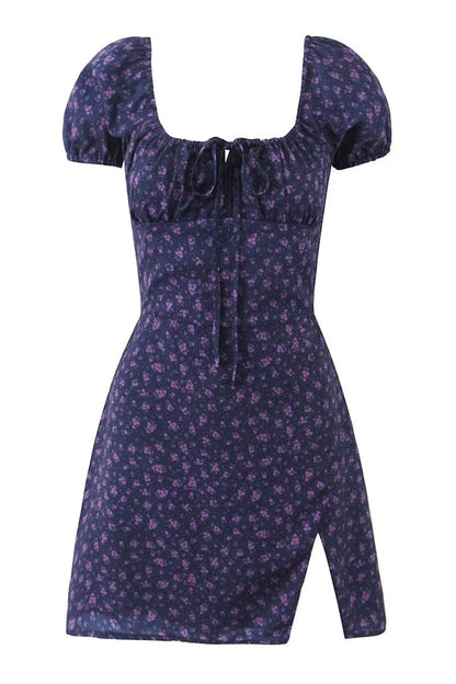 Blue Floral Cap Sleeve Bow Long Dress