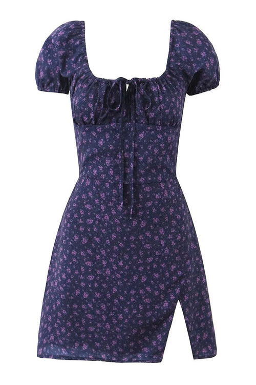 Blue Floral Cap Sleeve Bow Long Dress