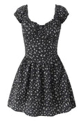 Black Floral Cap Sleeve Ruched Long Dress
