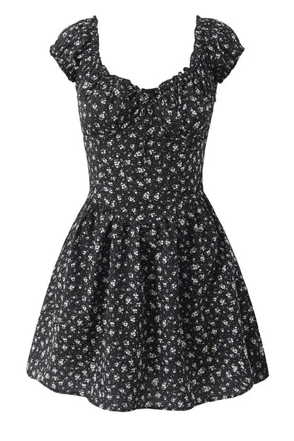 Black Floral Cap Sleeve Ruched Long Dress