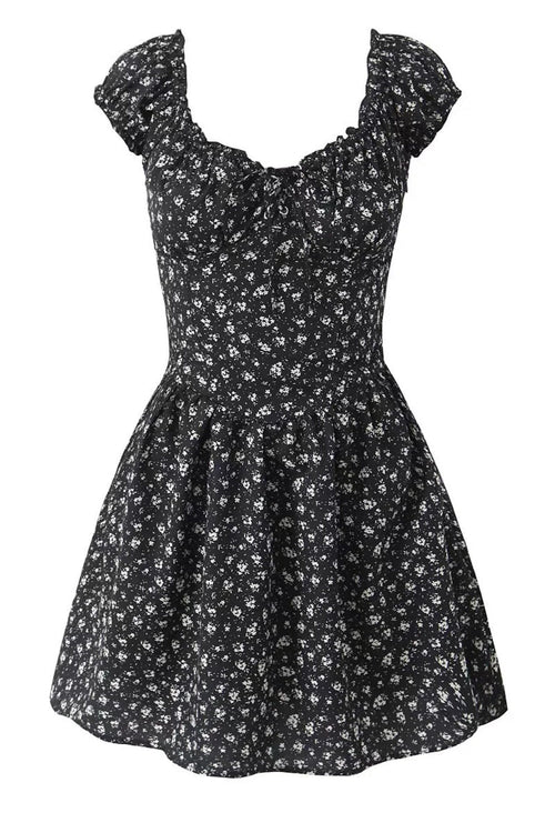 Black Floral Cap Sleeve Ruched Long Dress