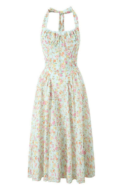 Blue Floral Halter Ruched Bow Long Dress
