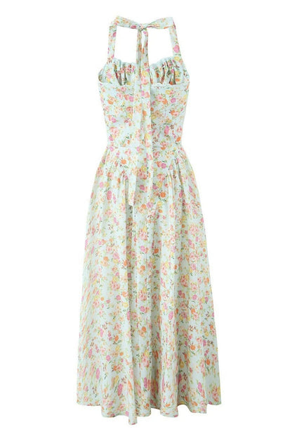 Blue Floral Halter Ruched Bow Long Dress