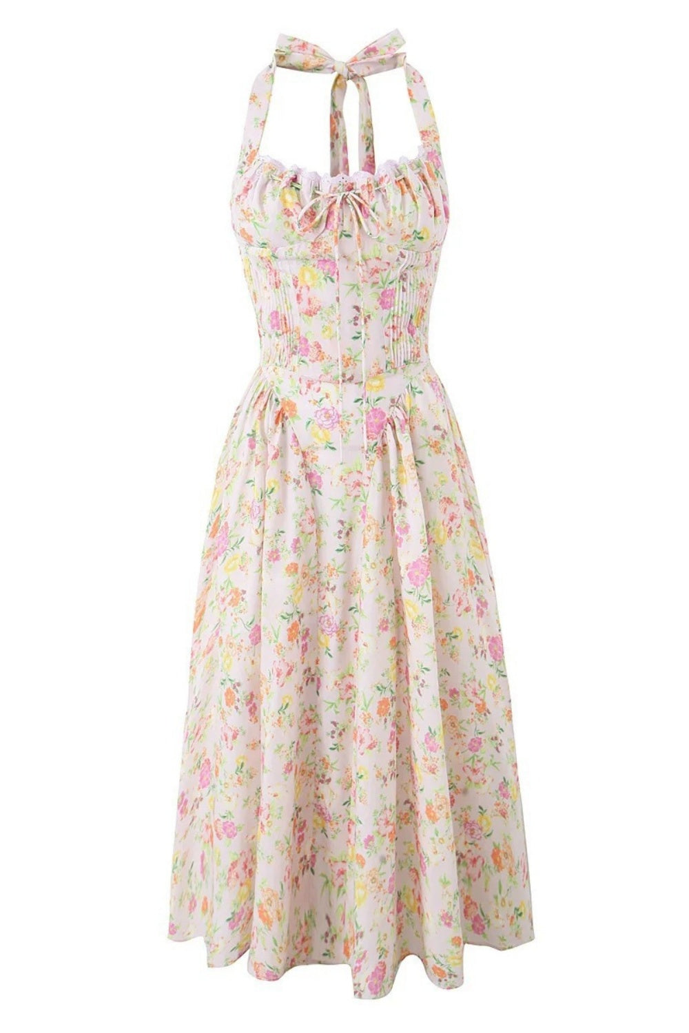 Blue Floral Halter Ruched Bow Long Dress