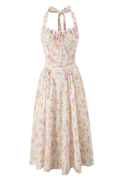Blue Floral Halter Ruched Bow Long Dress