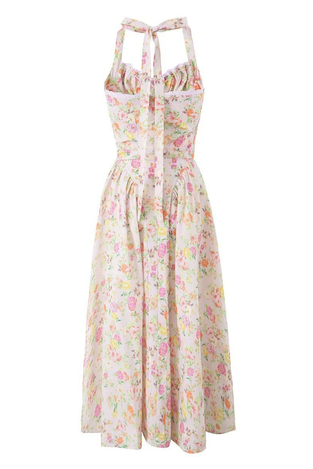 Blue Floral Halter Ruched Bow Long Dress