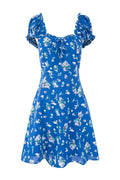 Blue Floral Puff Sleeves Bow Long Dress