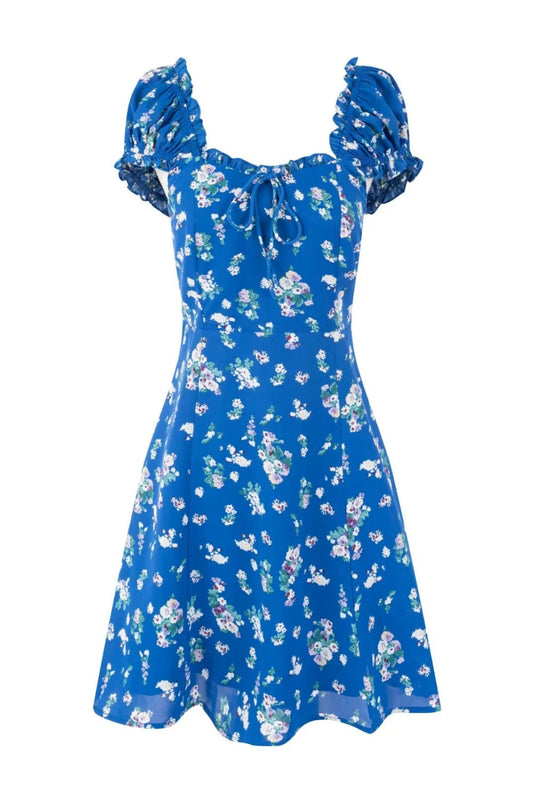 Blue Floral Puff Sleeves Bow Long Dress