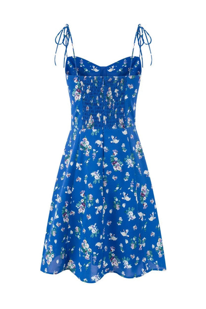 Blue Floral Spaghetti Strap Bow Long Dress