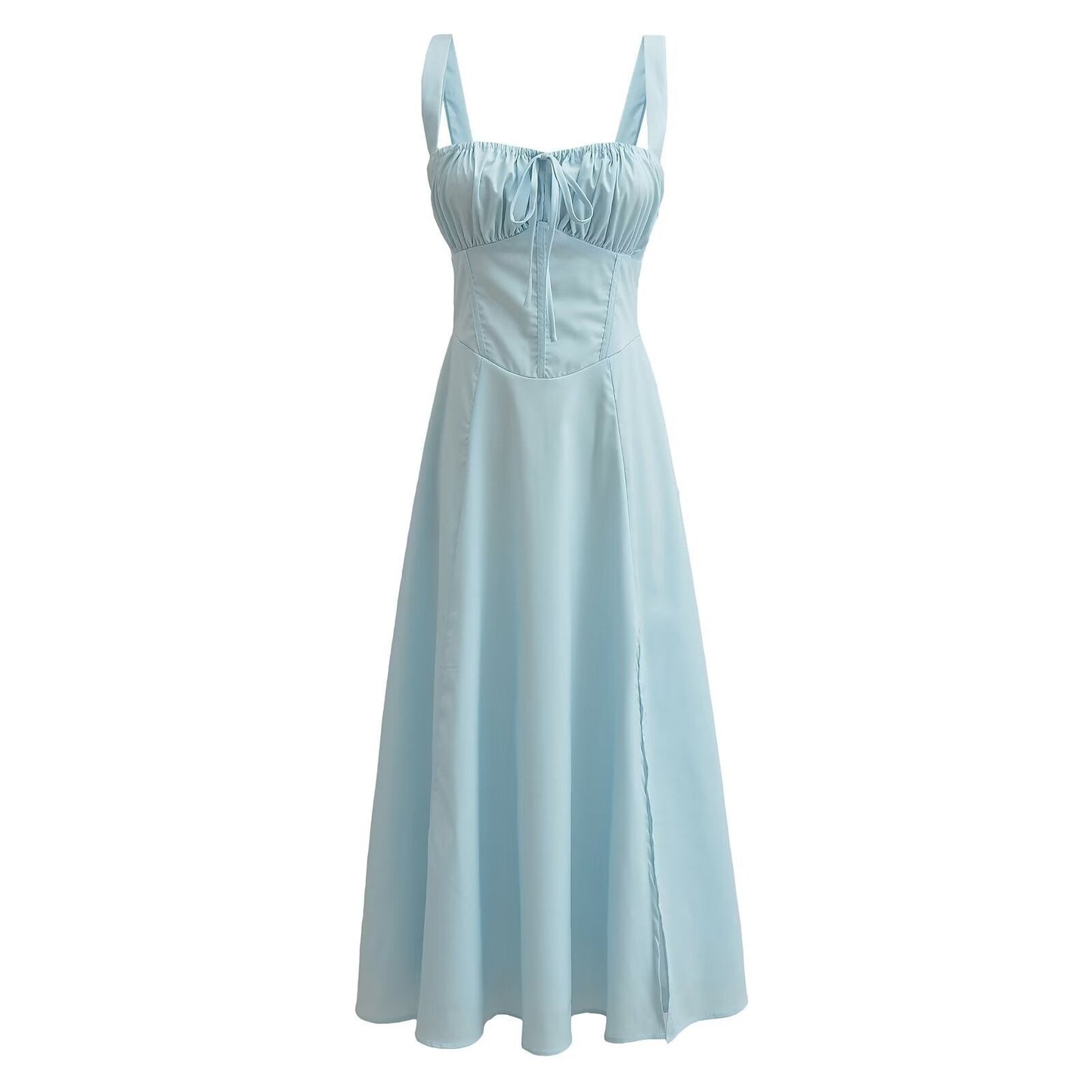 Pink Ruched Neck Bow Long Party Dress