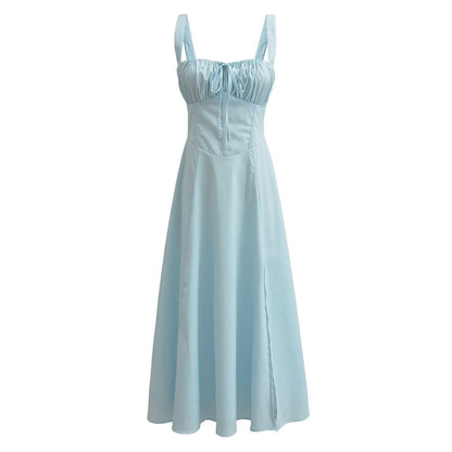 Pink Ruched Neck Bow Long Party Dress