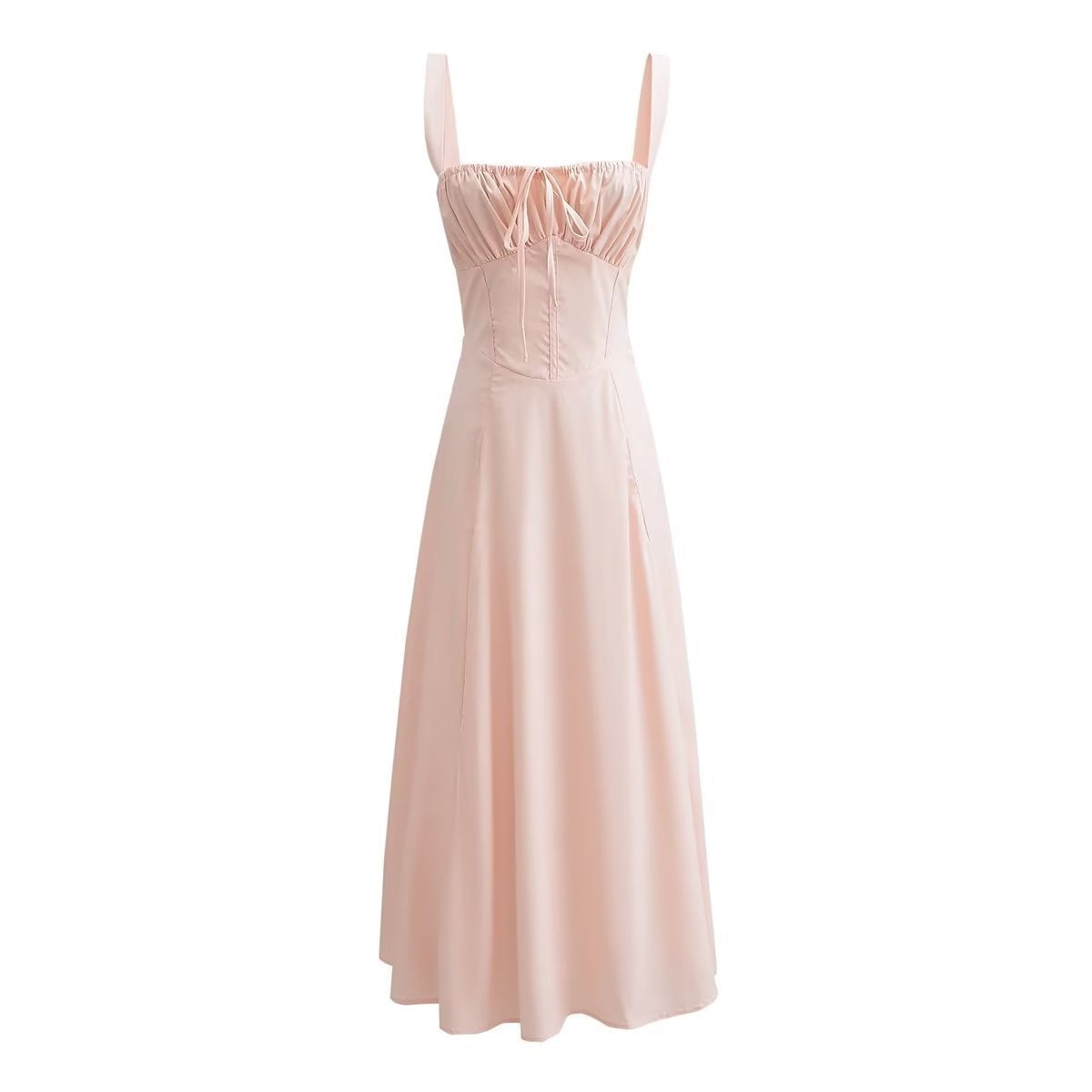 Pink Ruched Neck Bow Long Party Dress