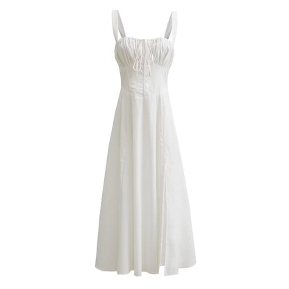 Pink Ruched Neck Bow Long Party Dress