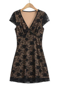 Beige Lace Flower Print Illusion Short Skirt