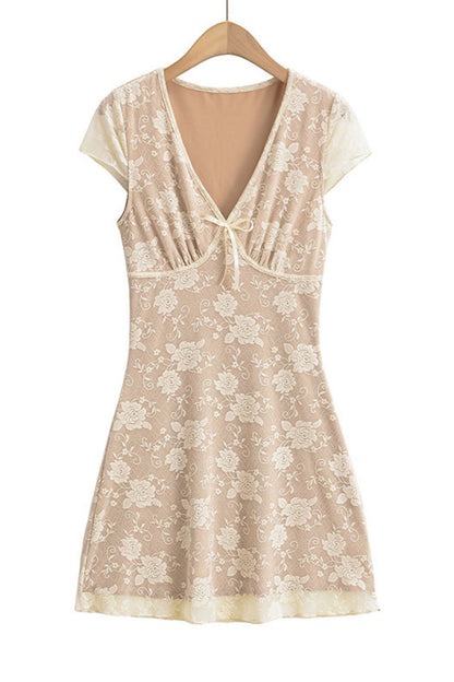 Beige Lace Flower Print Illusion Short Skirt