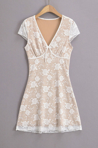 Beige Lace Flower Print Illusion Short Skirt