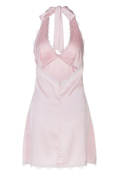 Halter Pink Satin A-line Short Dress
