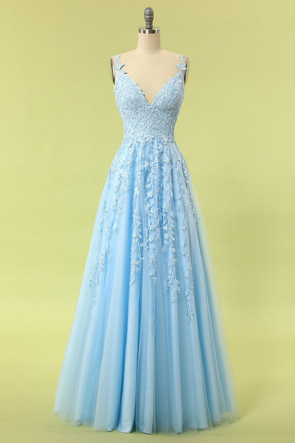 Blue Lace Appliques A-line Long Formal Dress
