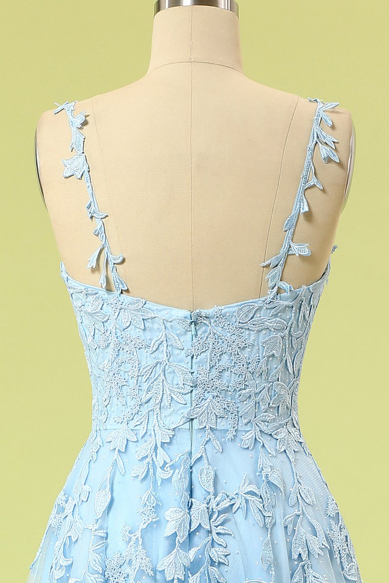 Blue Lace Appliques A-line Long Formal Dress