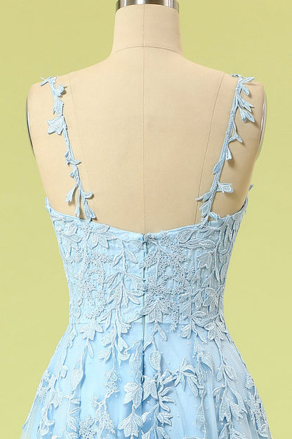 Blue Lace Appliques A-line Long Formal Dress