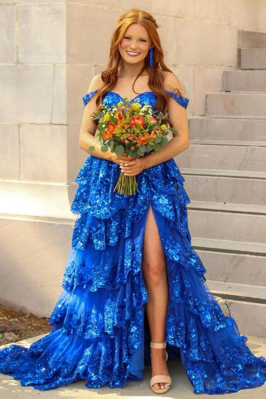 Navy Blue Corset Appliques Tulle Ruffles Dress