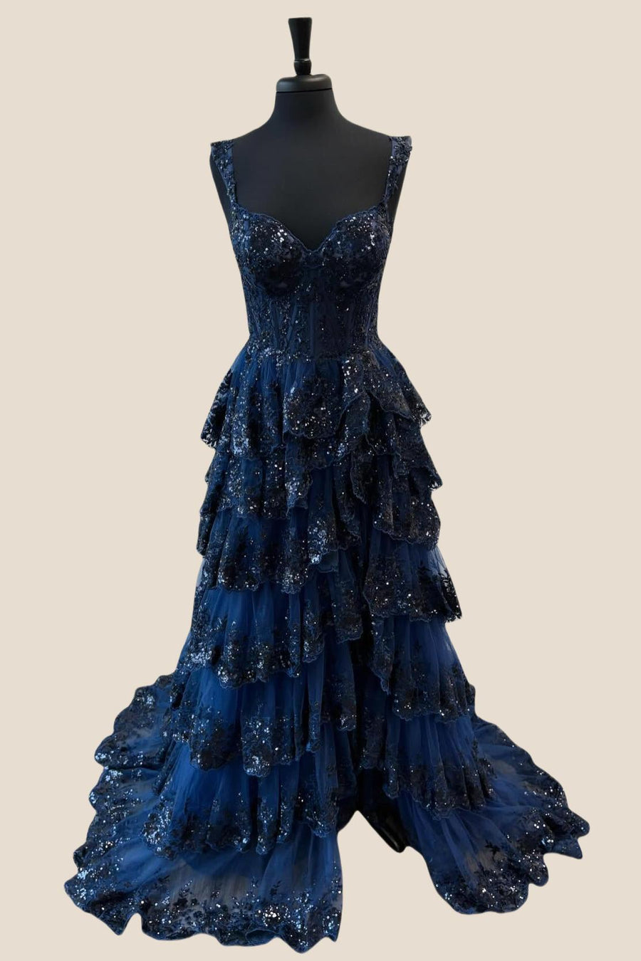 Navy Blue Corset Appliques Tulle Ruffles Dress