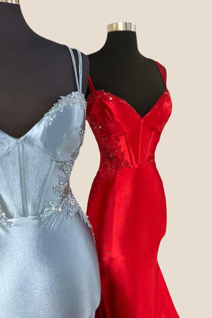 Double Straps Dusty Blue Appliques Long Dress
